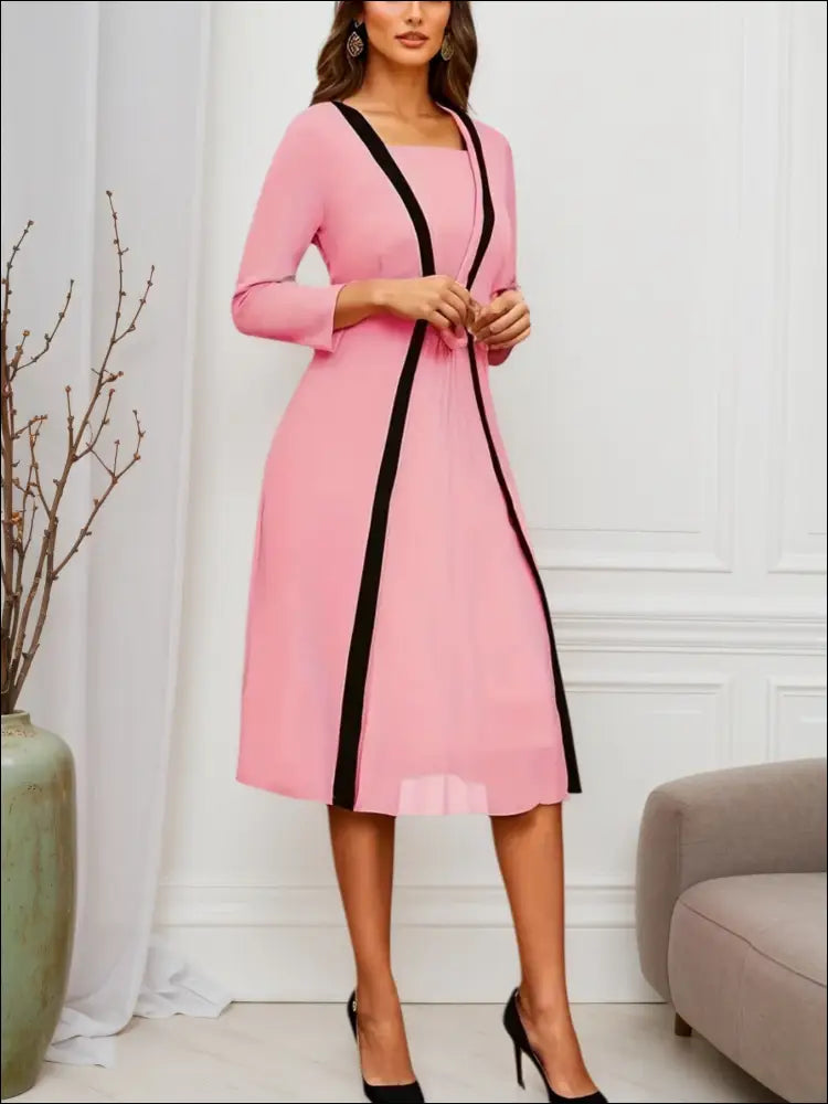 Pink striped pleated midi dress with black trim and square neckline three-quarter sleeves for luxury women’s fashion