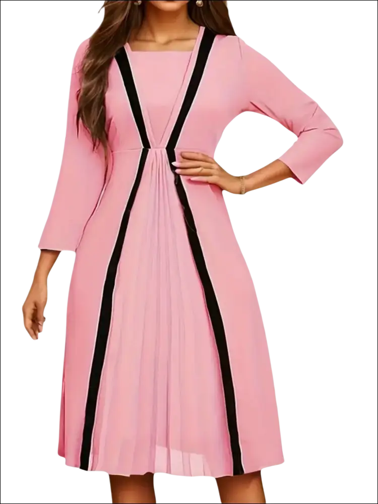Pink striped pleated midi dress with black vertical stripes and three-quarter sleeves for luxury women’s fashion