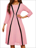 Pink striped pleated midi dress with black vertical stripes and three-quarter sleeves for luxury women’s fashion