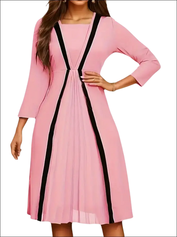 Pink striped pleated midi dress with black vertical stripes and three-quarter sleeves for luxury women’s fashion