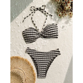 Black and white striped printed swimsuit bikini split set with textured woven fabric finish