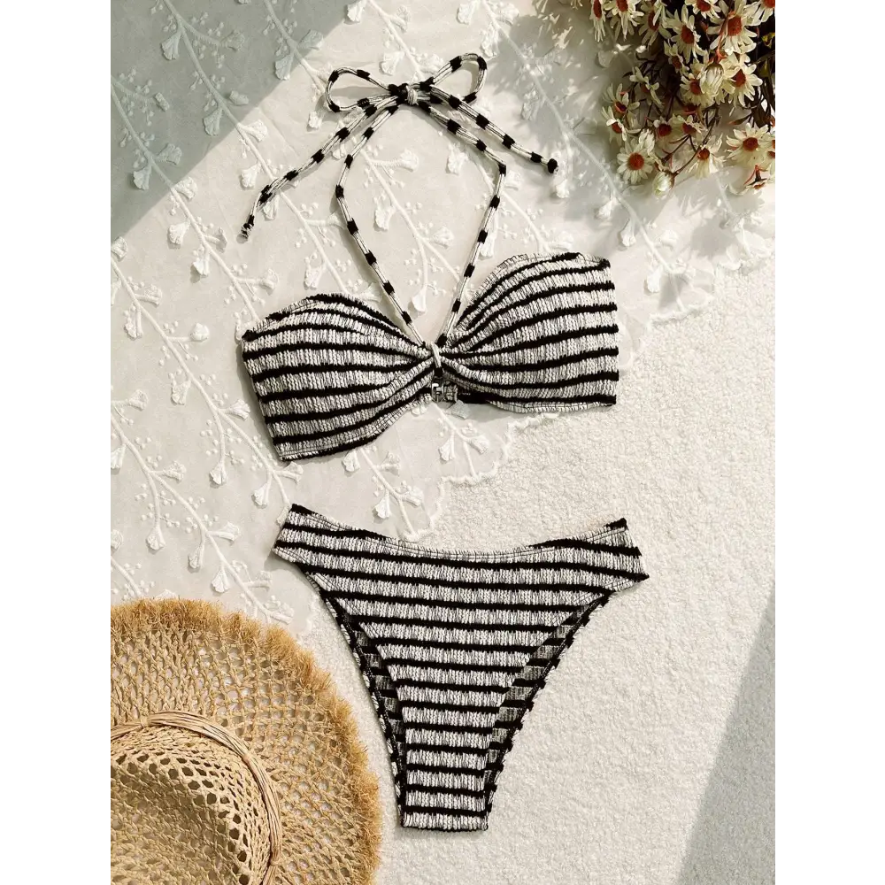 Black and white striped printed swimsuit bikini split set with textured woven fabric finish