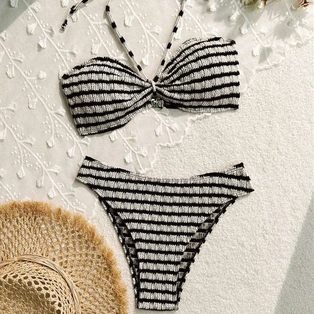 Black and white striped printed swimsuit bikini split set with bow detail made from textured woven knit fabric