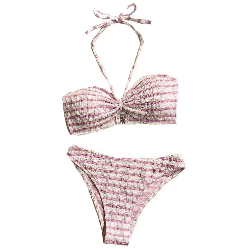 Pink striped printed swimsuit bikini split set with textured woven fabric in pink and black stripes