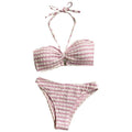 Pink striped printed swimsuit bikini split set with textured woven halter top and central bow detail