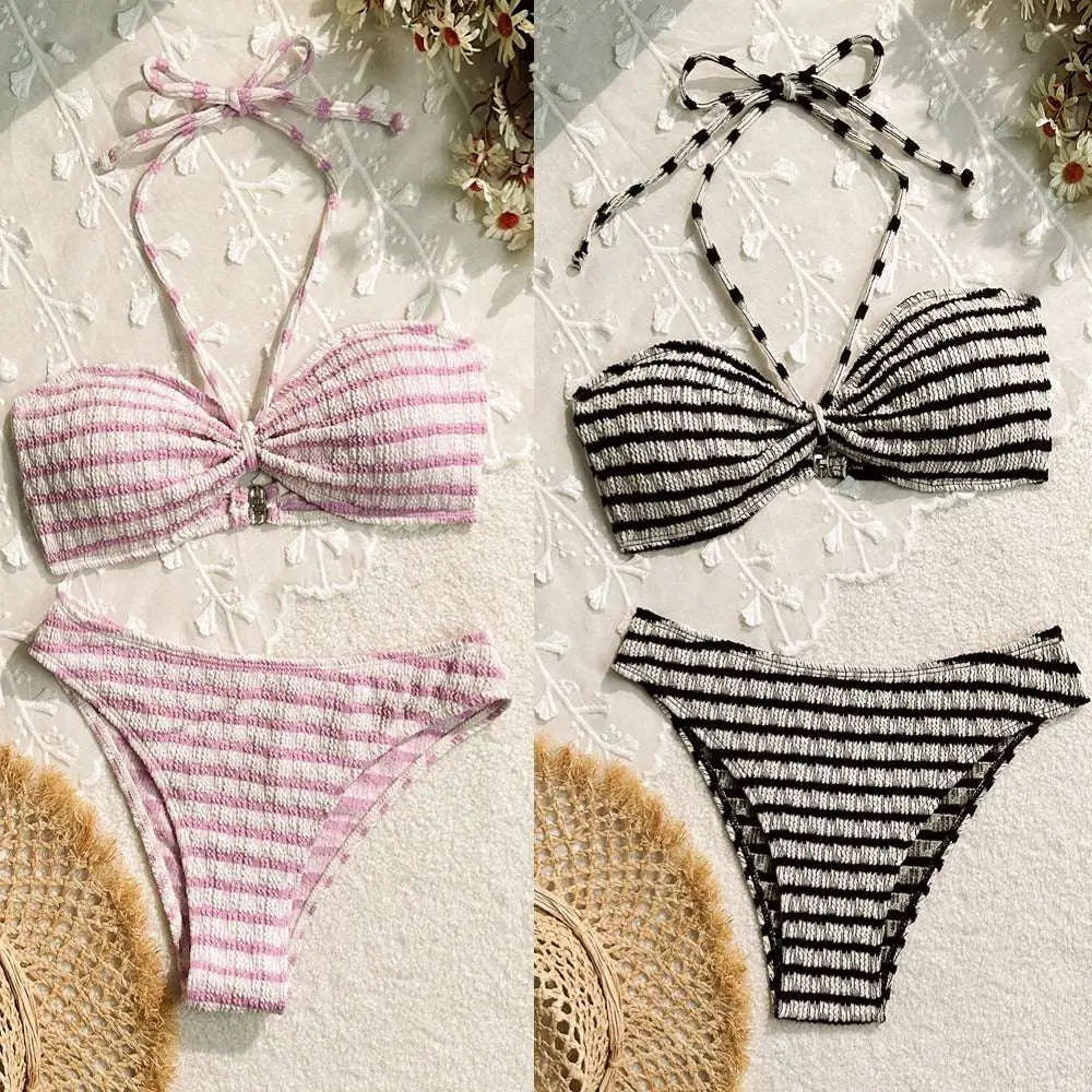 Pink striped printed swimsuit bikini split set with textured woven fabric in pink and black stripes