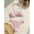 Pink striped printed swimsuit bikini split set in textured woven fabric featuring pink and white stripes