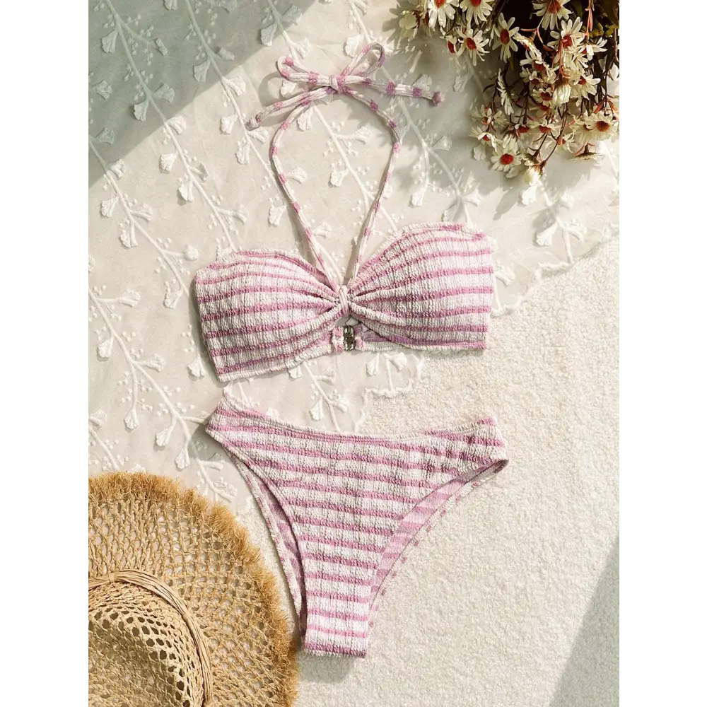 Pink striped printed swimsuit bikini split set in textured woven fabric featuring pink and white stripes