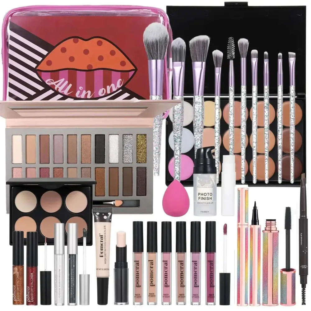 Pink striped travel makeup kit for women and teens featuring a pink and black striped makeup bag with cartoon lips design