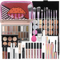 Pink striped travel makeup kit for women and teens featuring a pink and black striped makeup bag with cartoon lips design