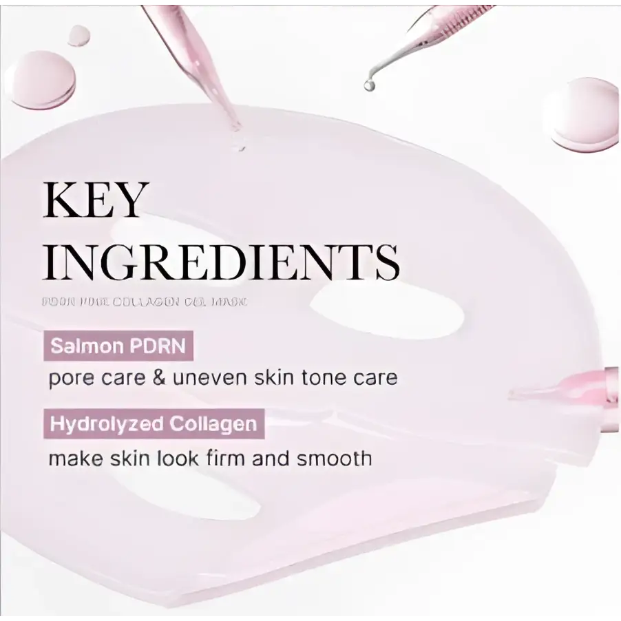 Pink translucent hydrating collagen facial mask with a delicate leaf-shaped gel design and soft pink dropper applicators