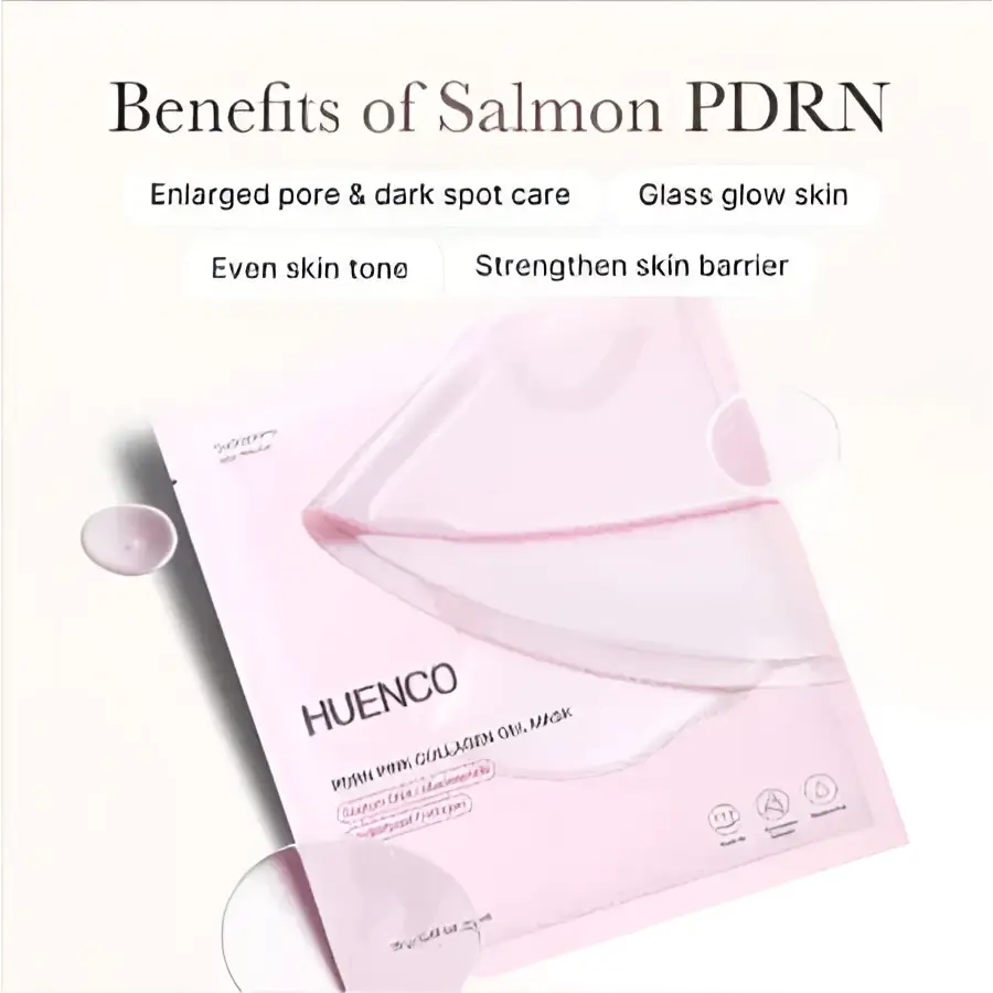 Pink huenco pdrn collagen gel mask with pink translucent hydrating collagen facial design and subtle salmon accents