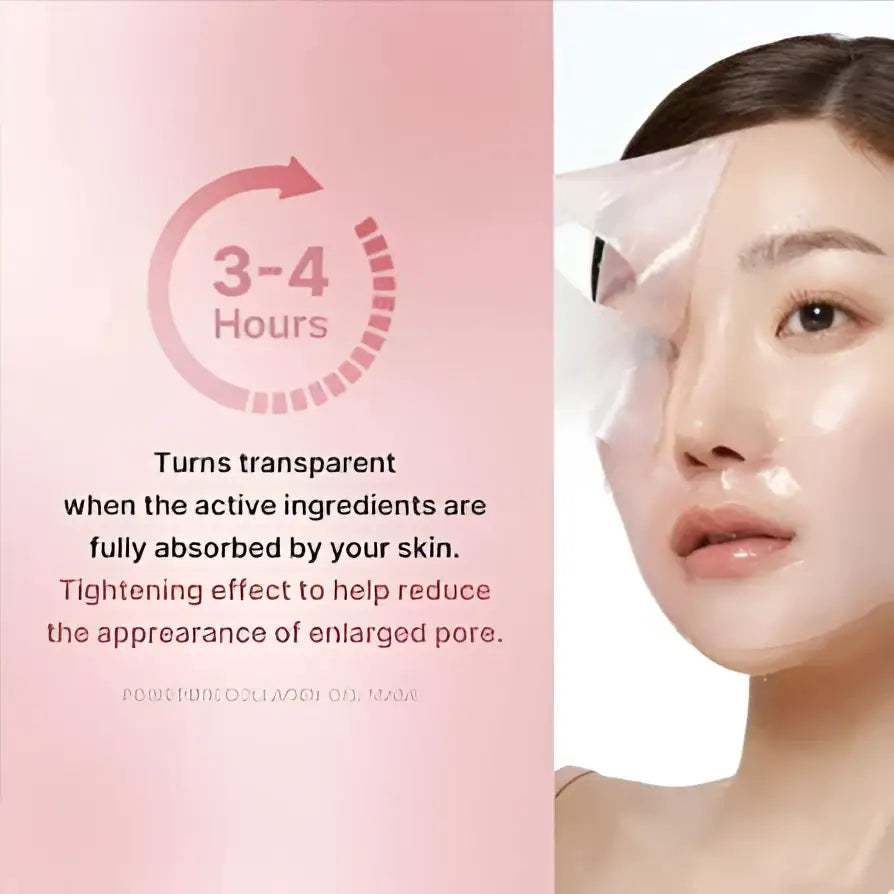 Pink translucent hydrating collagen facial mask with transparent gel and subtle pink hue for skin absorption and pore tightening