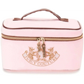 Pink juicy couture velvet train case cosmetics bag with brown trim and gold zipper pulls toiletry kit