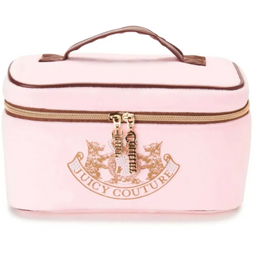 Pink juicy couture velvet train case cosmetics bag with brown trim and gold zipper pulls toiletries kit