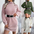 Pink winter turtleneck sweater dress with long sleeves, gold buttons, and a black belt with silver buckle