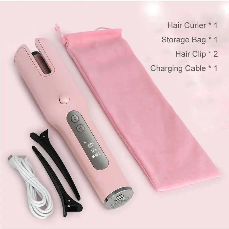 Pink wireless automatic curler with usb lcd screen silver accents and black clips for styling hair