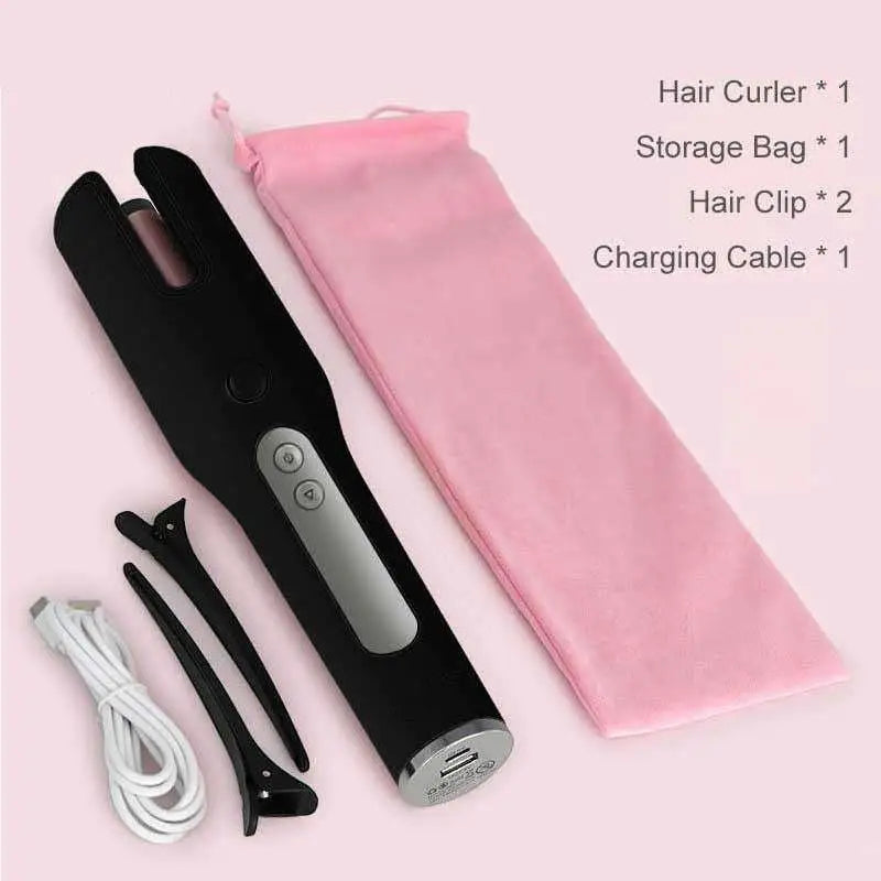 Black wireless automatic curler with silver usb lcd screen control panel and usb charging port for convenient styling