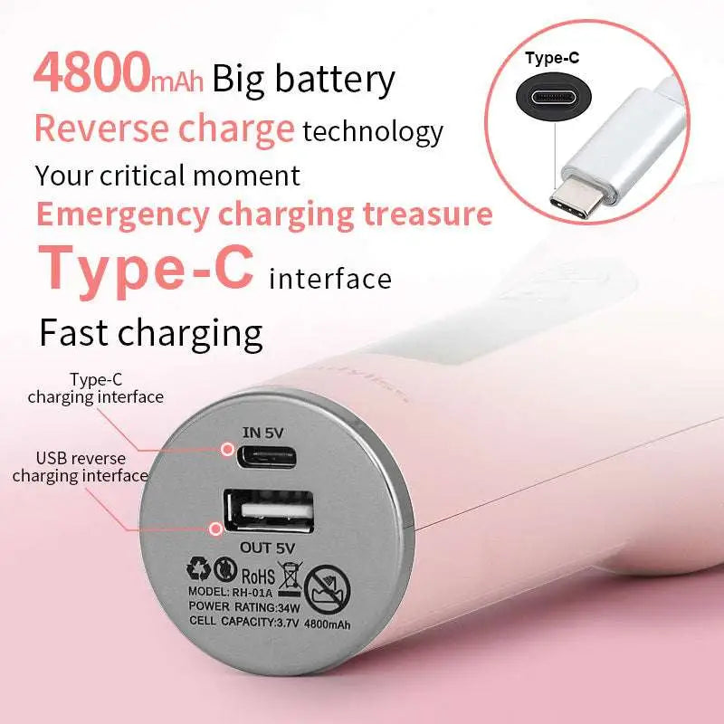 Pink wireless automatic curler showing pink cylindrical power bank with silver usb lcd screen charging port interfaces