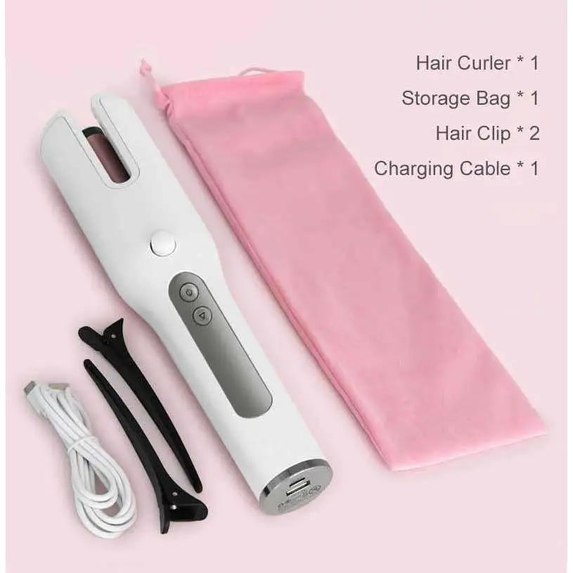 White and silver wireless automatic curler with usb lcd screen featuring a sleek ergonomic design for styling