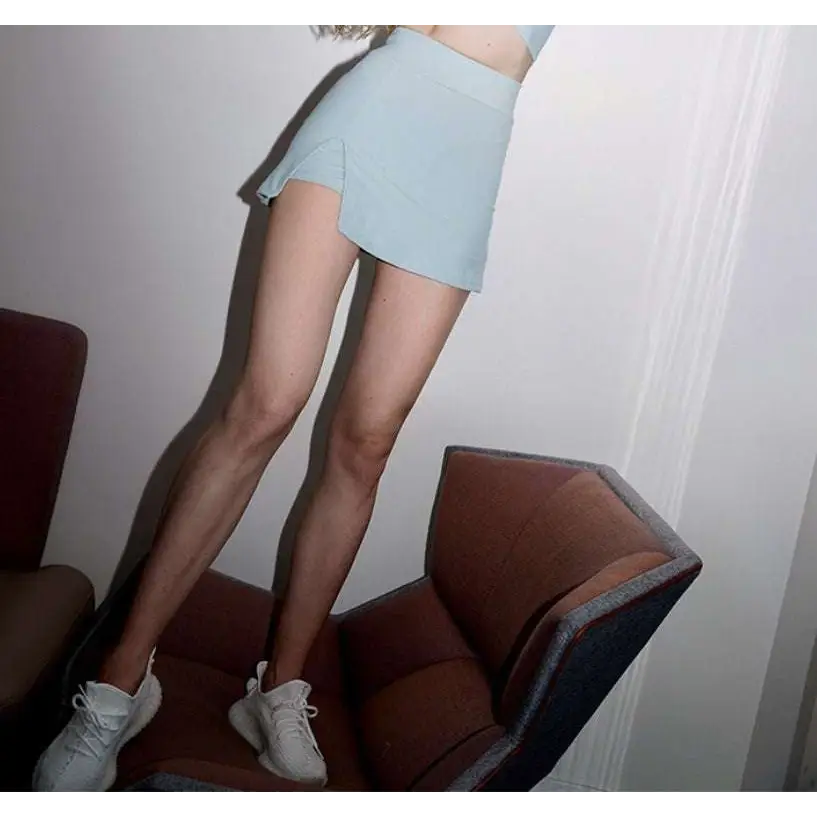Light blue high waist athletic skirt with side slit for pink yoga clothes two-piece yoga clothes sports suit