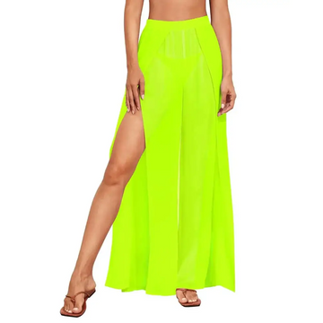 Bright neon yellow pinup fashion cover up pants with high waist wide legs and side slit perfect for beachwear