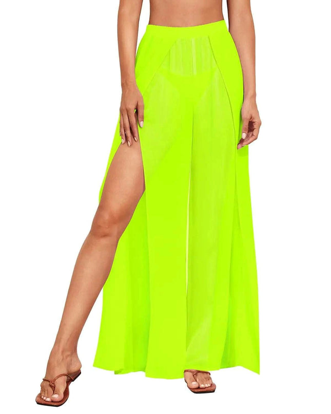 Pinup Fashion Cover Up Pants Neon Yellow Swimsuit Bathing Suit Sheer Coverup Pant Women Split Beach Pants S - XL - Royalessencelux