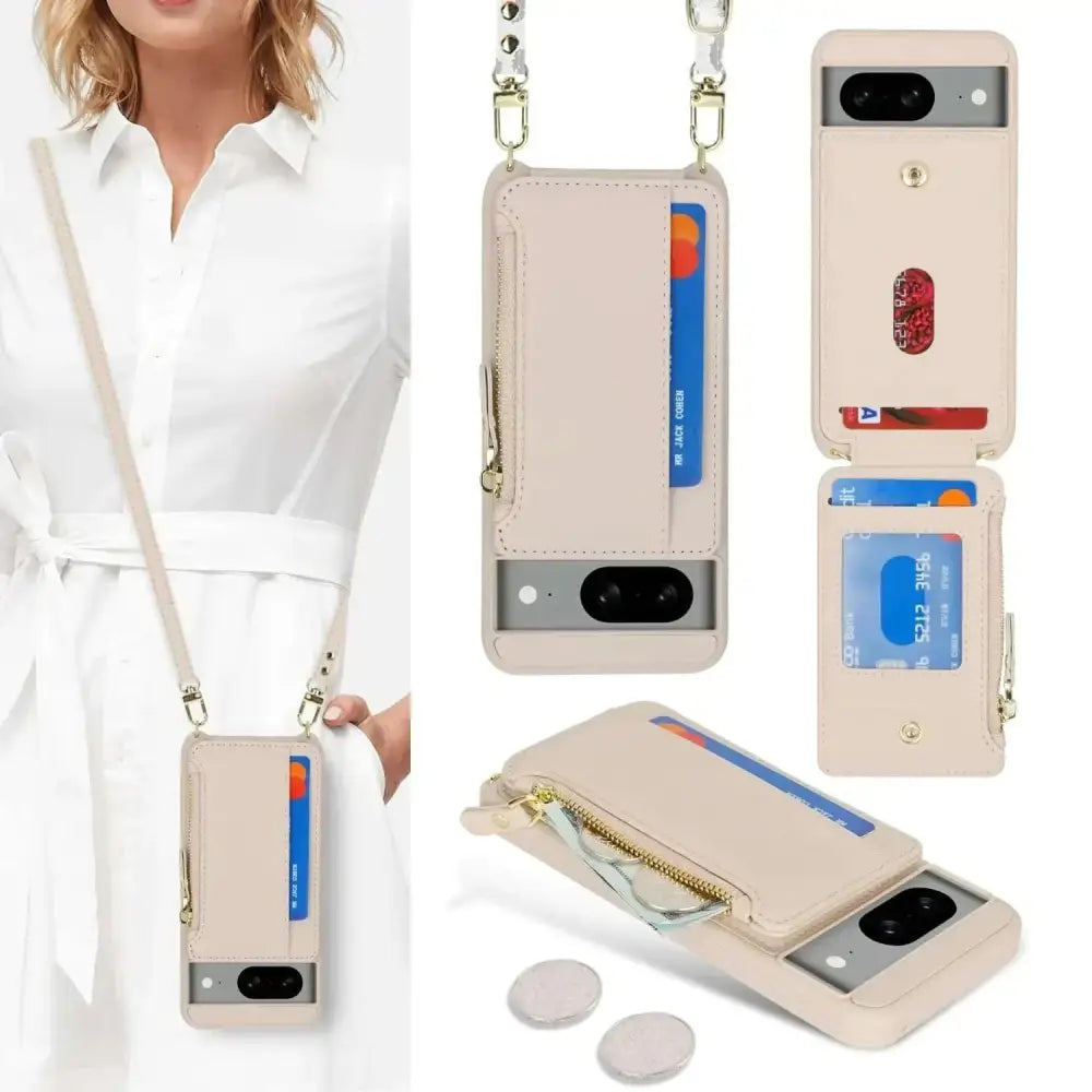 Beige cream leather wallet case for pixel 8 with gold-tone hardware and detachable strap for convenience