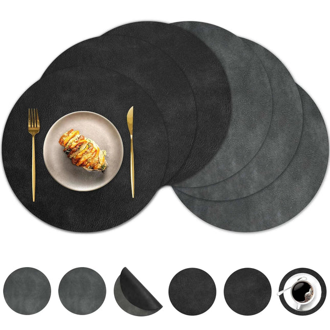 Pixieora Round Placemats and Coasters Set of 6 Washable Reversible Faux Leather Placemats Cowhide Pattern Place Mats Wipeable Non - Slip 15 inch Round Kitchen Dining Table Mats (Gray Black 6) - Royalessencelux