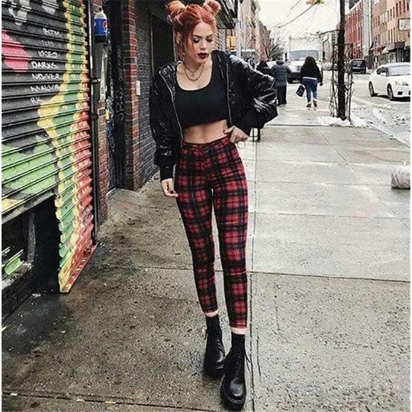 Red and black plaid women’s high-waist stretch leggings designed for comfort and style in a 3 pack set