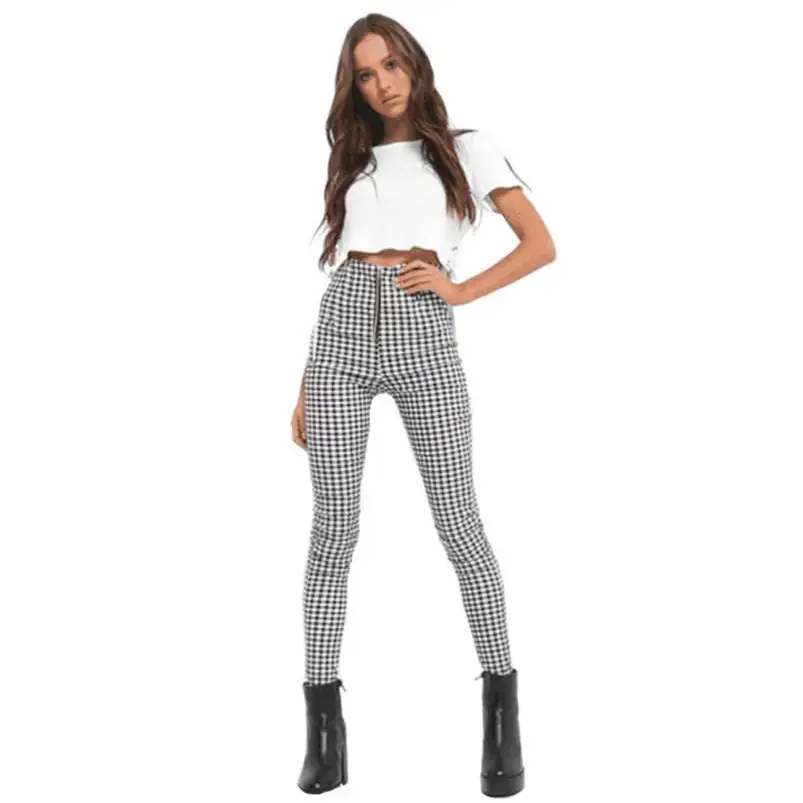 Black and white high-waist stretch leggings in a plaid women’s high-waist skinny fit made from comfortable fabric