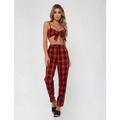Red and black plaid women’s high-waist stretch leggings set with cropped top and front bow detail