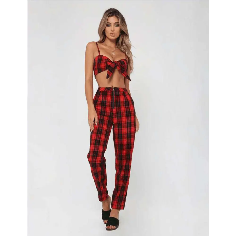 Red and black plaid women’s high-waist stretch leggings set with cropped top and front bow detail