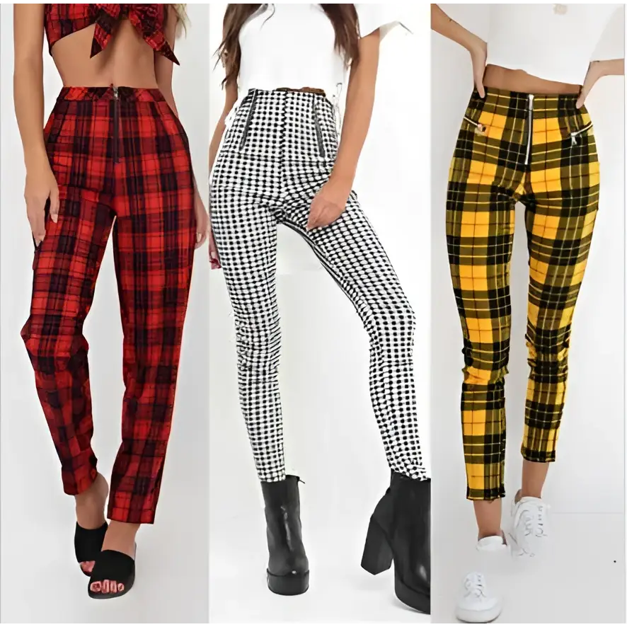 Three pairs of plaid women’s high-waist stretch leggings in red black, black white, and yellow green colors