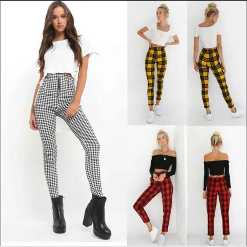 Plaid women’s high-waist stretch leggings 3 pack in black and white check yellow and red tartan patterns