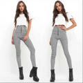 Black and white checkered high-waist stretch leggings with front zipper closure in plaid women’s high-waist style