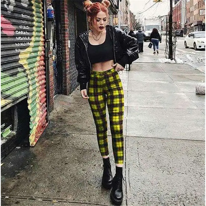 Yellow and black plaid women’s high-waist stretch leggings showcasing a high-waist fit and stretchy fabric in a 3 pack