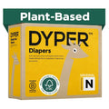 Yellow cardboard box of dyper plant-based sensitive newborn diapers featuring a cartoon giraffe design and honest ingredients