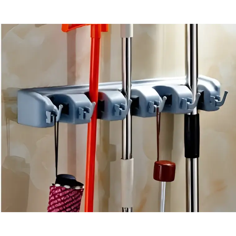 Light gray plastic mop hook wall hanging organizer rack holding cleaning tools for efficient storage