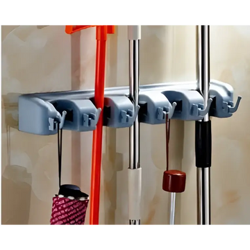 Light gray plastic mop hook wall hanging organizer rack holding cleaning tools for efficient storage