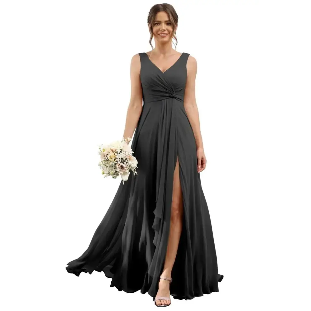 Flowing black chiffon pleated bridesmaid dress plus size us22w with v-neckline draped waist and side slit