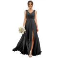 Flowing black chiffon pleated bridesmaid dress plus size us22w with v-neckline draped waist and side slit