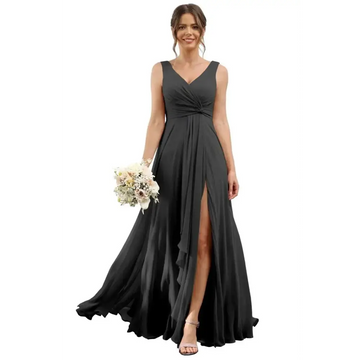 Flowing black chiffon pleated bridesmaid dress plus size us22w with v-neckline draped waist and side slit