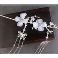 Delicate silver plum blossom ancient style hairpin with translucent white fabric flowers crystal accents and butterfly charms for hanfu