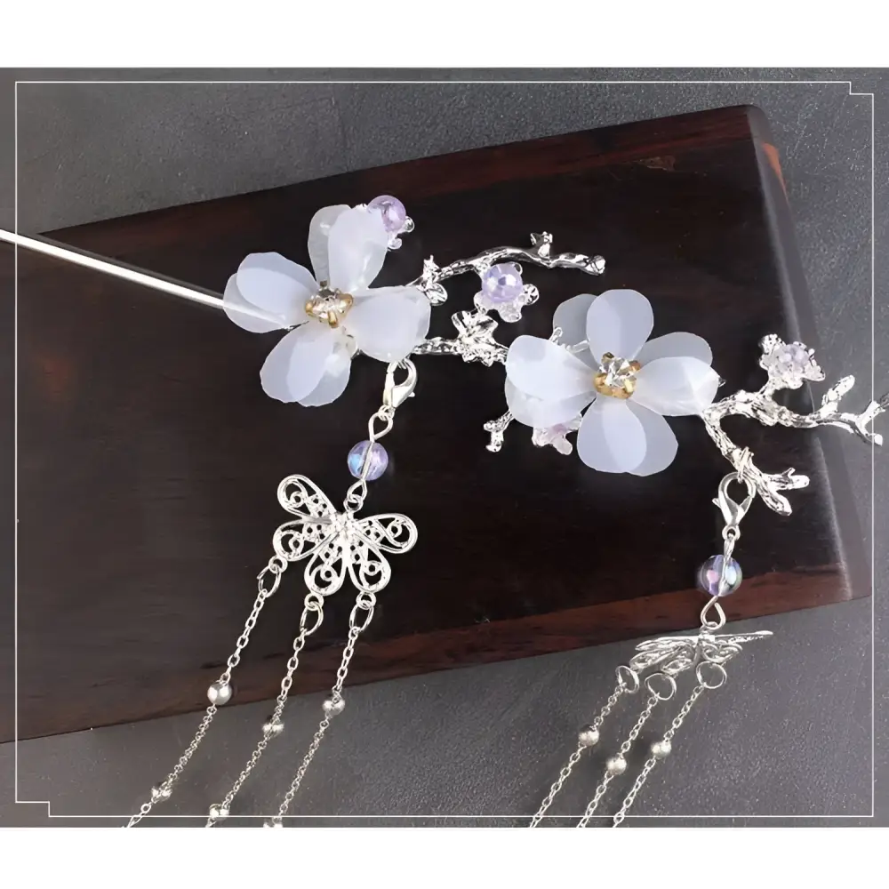 Delicate silver plum blossom ancient style hairpin with translucent white fabric flowers crystal accents and butterfly charms for hanfu