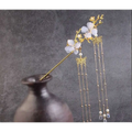 Elegant gold ancient style hairpin with plum blossom design and pearl crystal chains hair accessories hanfu