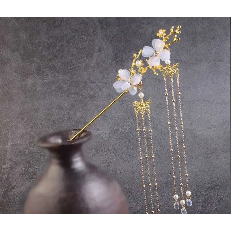 Elegant gold ancient style hairpin with plum blossom design and pearl crystal chains hair accessories hanfu