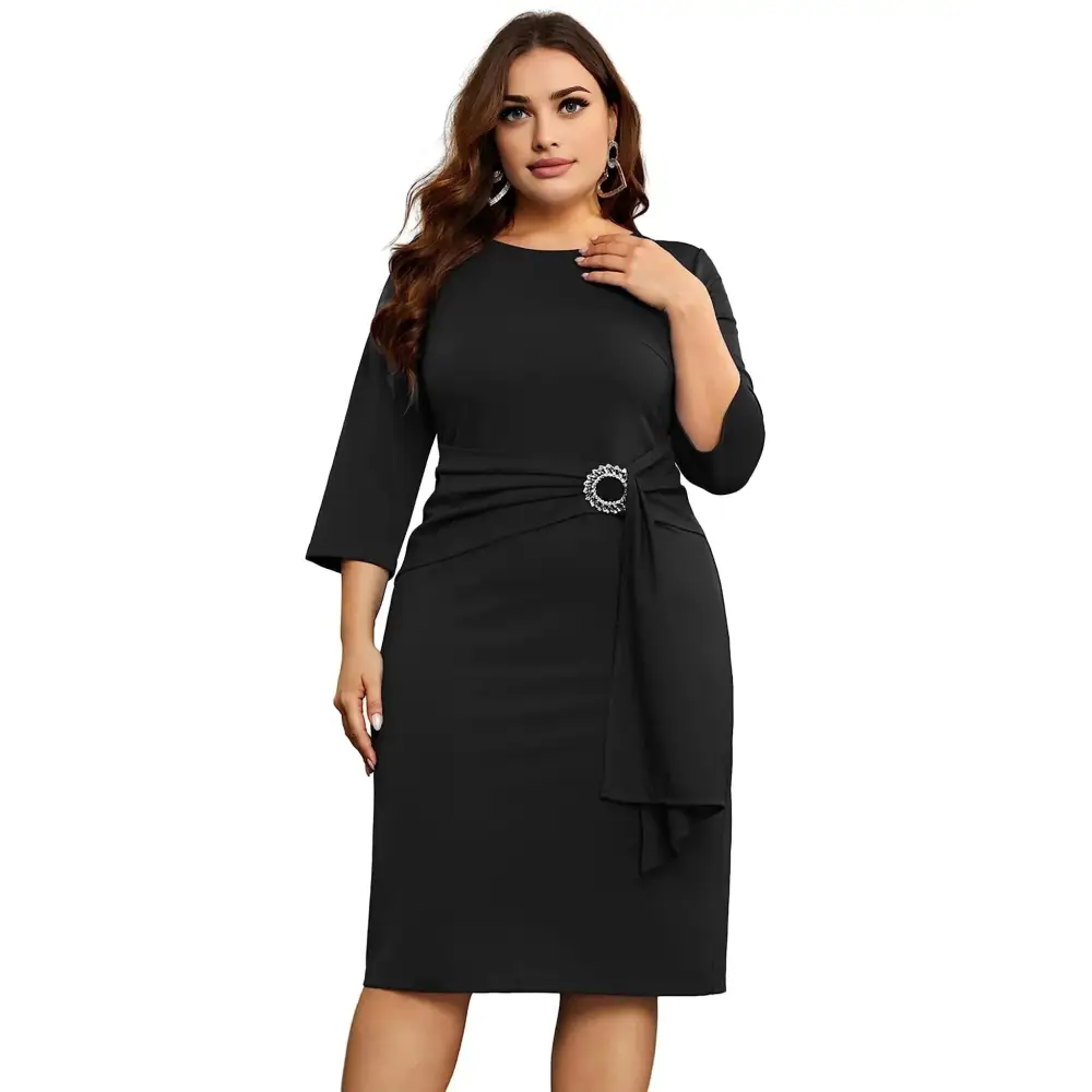 Plus size black sleeve elegant dress with three-quarter sleeves cinched waist and silver buckle for business events