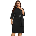 Plus size black three-quarter sleeve elegant dress with cinched waist and silver buckle suitable for business events