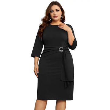 Plus size black sleeve elegant dress with three-quarter sleeves cinched waist and silver buckle for business events